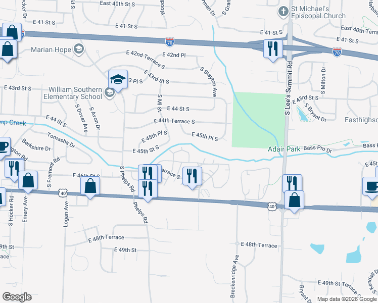 map of restaurants, bars, coffee shops, grocery stores, and more near 3100 Quail Creek Drive in Independence