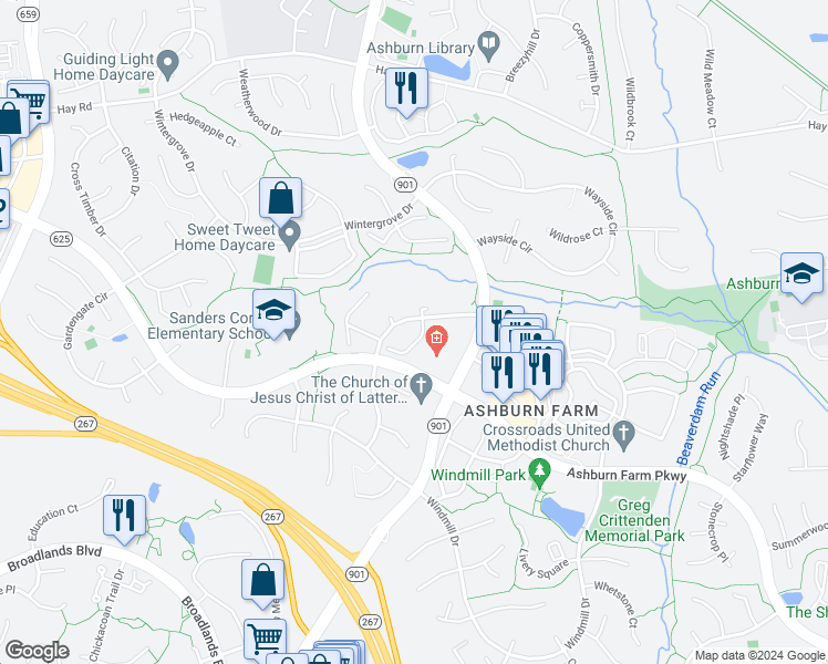 map of restaurants, bars, coffee shops, grocery stores, and more near 20931 Cedarpost Square in Ashburn