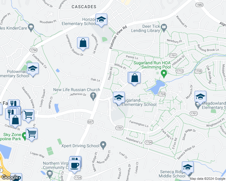 map of restaurants, bars, coffee shops, grocery stores, and more near 104 Drury Circle in Sterling