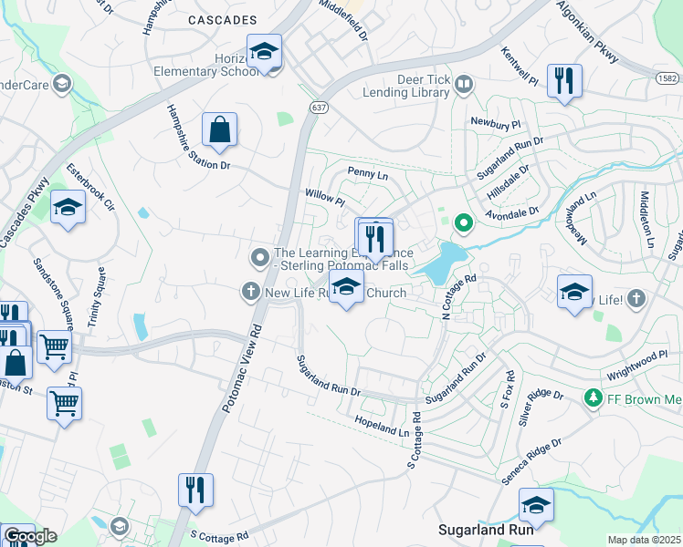 map of restaurants, bars, coffee shops, grocery stores, and more near 8 Sugarland Square Court in Sterling