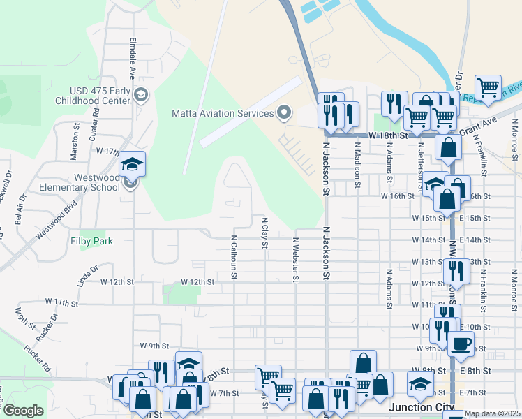 map of restaurants, bars, coffee shops, grocery stores, and more near 1514 North Clay Street in Junction City