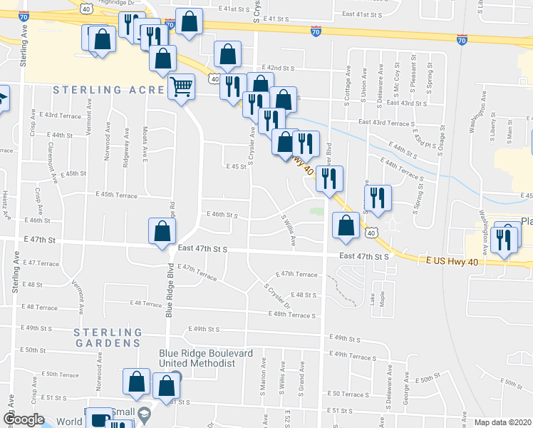 map of restaurants, bars, coffee shops, grocery stores, and more near 12208 East 46th Street South in Independence