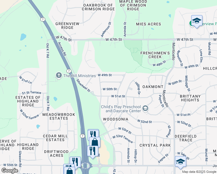 map of restaurants, bars, coffee shops, grocery stores, and more near 22707 West 50th Street in Shawnee