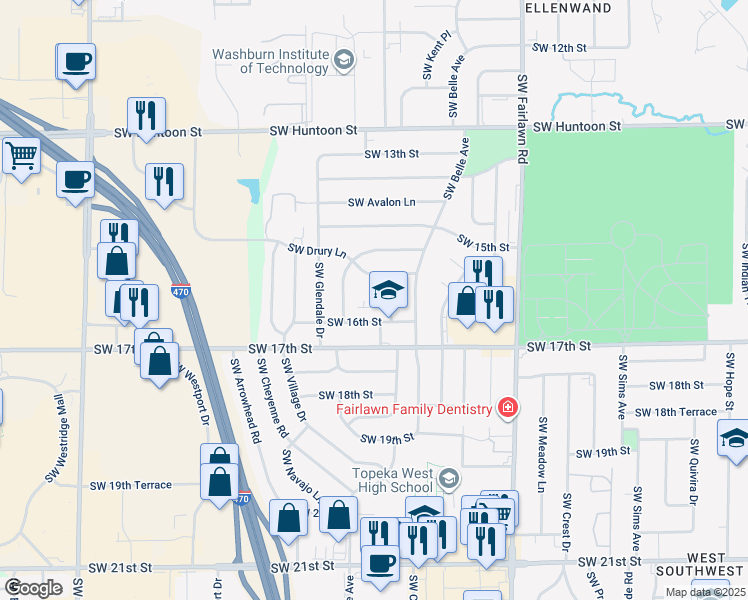 map of restaurants, bars, coffee shops, grocery stores, and more near 5512 Southwest 16th Street in Topeka