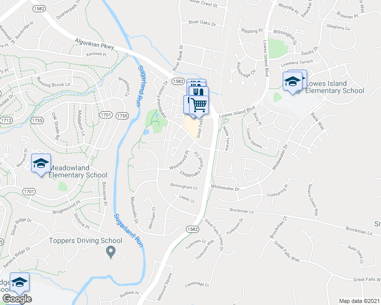 map of restaurants, bars, coffee shops, grocery stores, and more near 47379 Westwood Place in Sterling