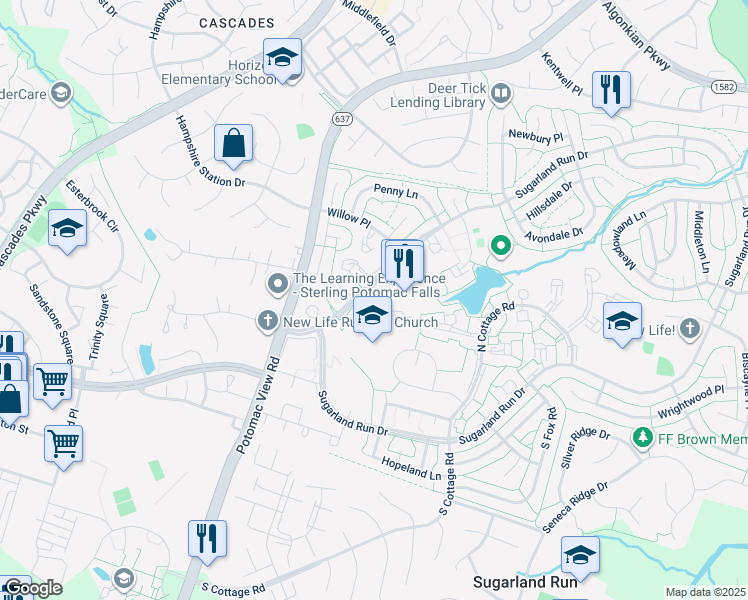 map of restaurants, bars, coffee shops, grocery stores, and more near 12 Sugarland Square Court in Sterling