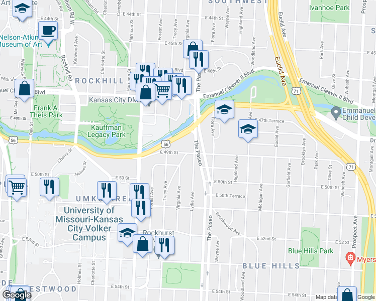 map of restaurants, bars, coffee shops, grocery stores, and more near 4840 Paseo Boulevard in Kansas City