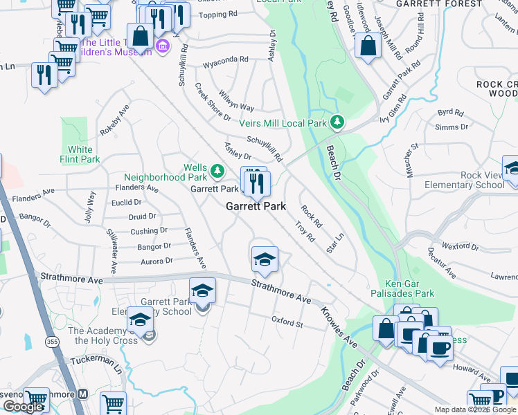 map of restaurants, bars, coffee shops, grocery stores, and more near 4600 Waverly Avenue in Garrett Park