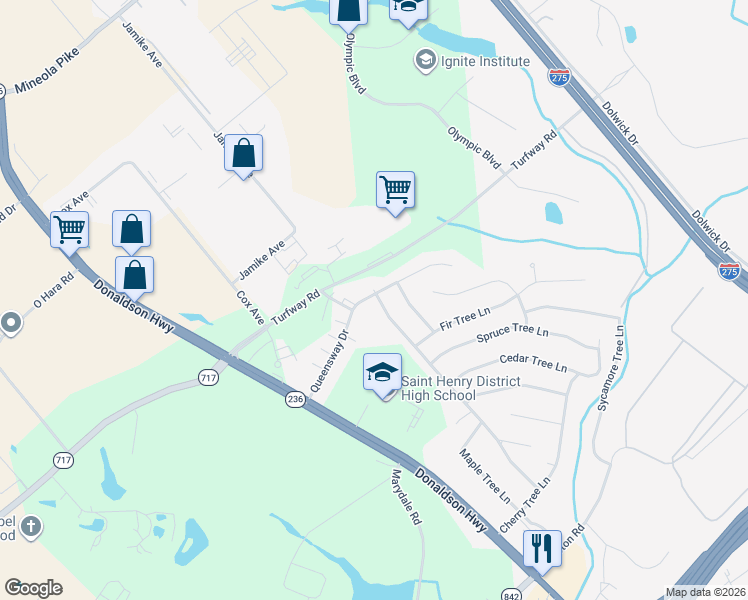 map of restaurants, bars, coffee shops, grocery stores, and more near 761 Peach Tree Lane in Erlanger