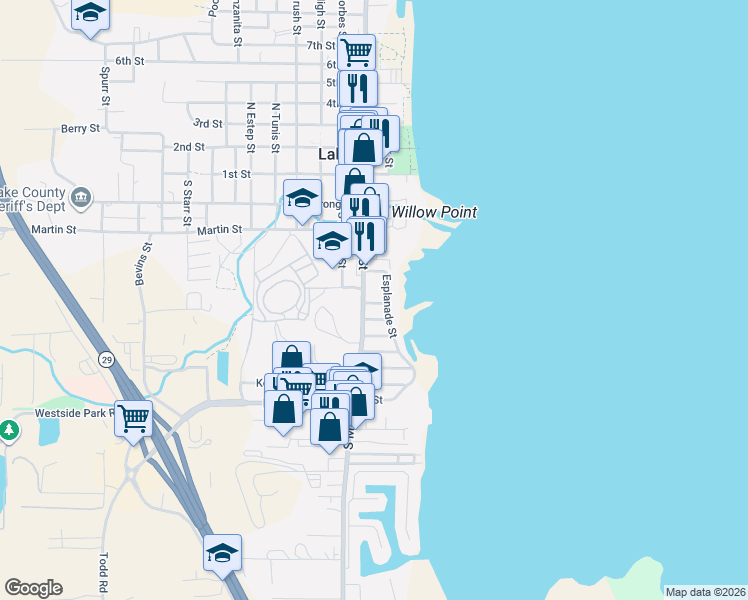 map of restaurants, bars, coffee shops, grocery stores, and more near 50 E Street in Lakeport