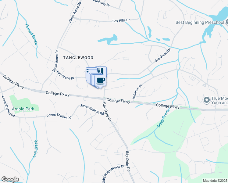 map of restaurants, bars, coffee shops, grocery stores, and more near 519 Bay Dale Court in Arnold