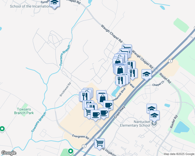 map of restaurants, bars, coffee shops, grocery stores, and more near 2713 Lady Slipper Road in Gambrills