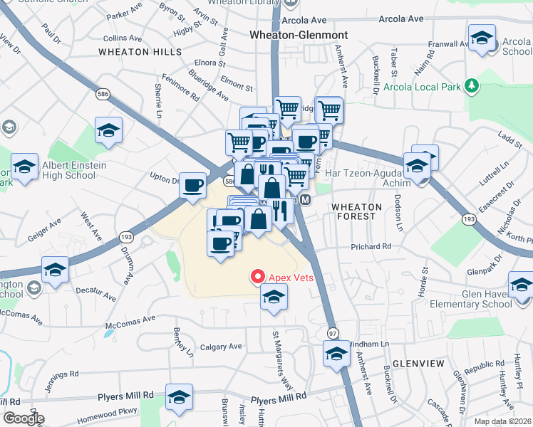 map of restaurants, bars, coffee shops, grocery stores, and more near 11030 Veirs Mill Road in Silver Spring
