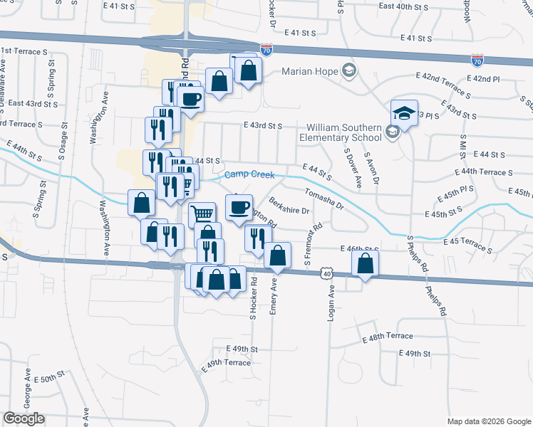 map of restaurants, bars, coffee shops, grocery stores, and more near 14413 East Covington Road in Independence