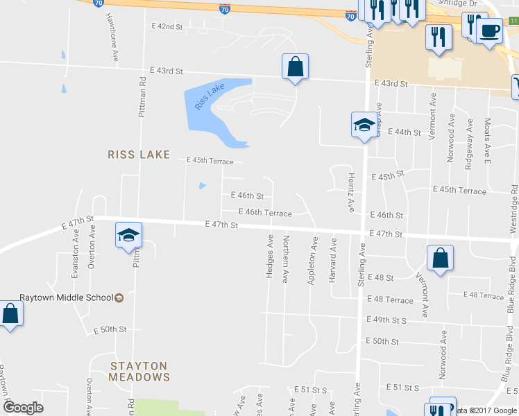 map of restaurants, bars, coffee shops, grocery stores, and more near 10629 East 46th Terrace in Kansas City