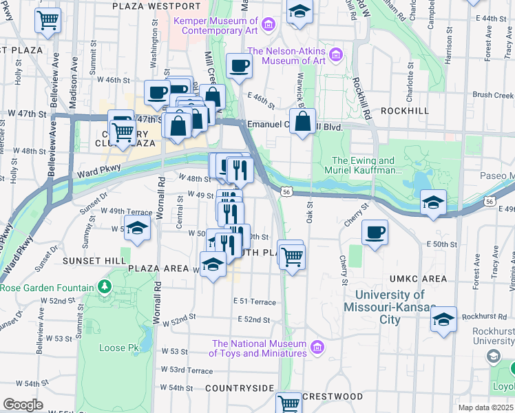 map of restaurants, bars, coffee shops, grocery stores, and more near 4925 Walnut Street in Kansas City