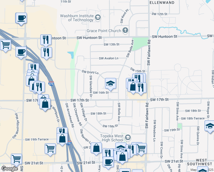 map of restaurants, bars, coffee shops, grocery stores, and more near 5512 Southwest 16th Street in Topeka