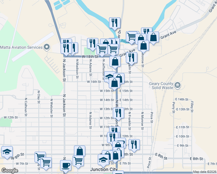 map of restaurants, bars, coffee shops, grocery stores, and more near 135 West 15th Street in Junction City
