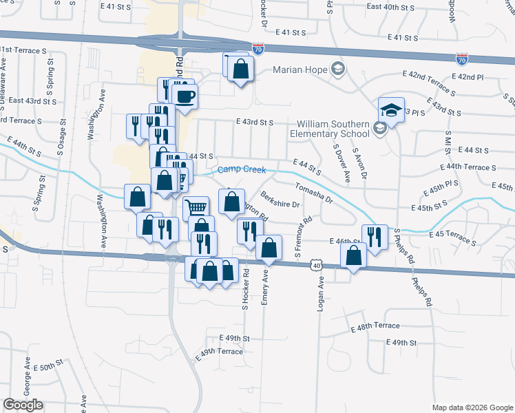 map of restaurants, bars, coffee shops, grocery stores, and more near 14413 East Covington Road in Independence