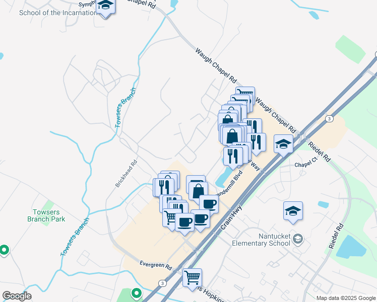 map of restaurants, bars, coffee shops, grocery stores, and more near 2713 Lady Slipper Road in Gambrills