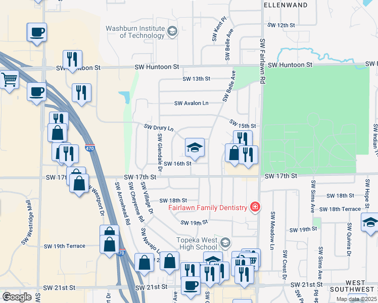 map of restaurants, bars, coffee shops, grocery stores, and more near 5512 Southwest 16th Street in Topeka