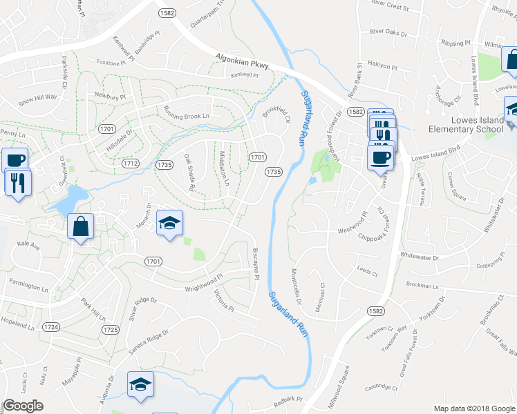 map of restaurants, bars, coffee shops, grocery stores, and more near 142 East Meadowland Lane in Sterling
