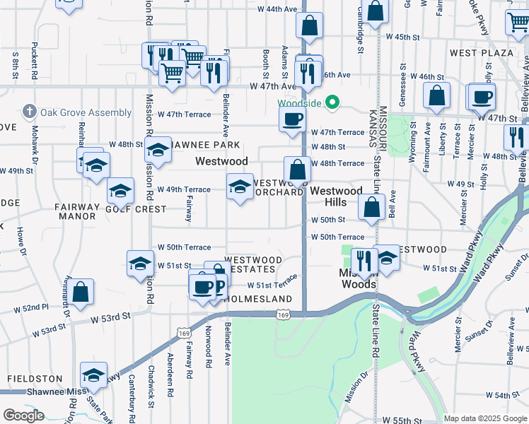 map of restaurants, bars, coffee shops, grocery stores, and more near 4936 Booth Street in Westwood