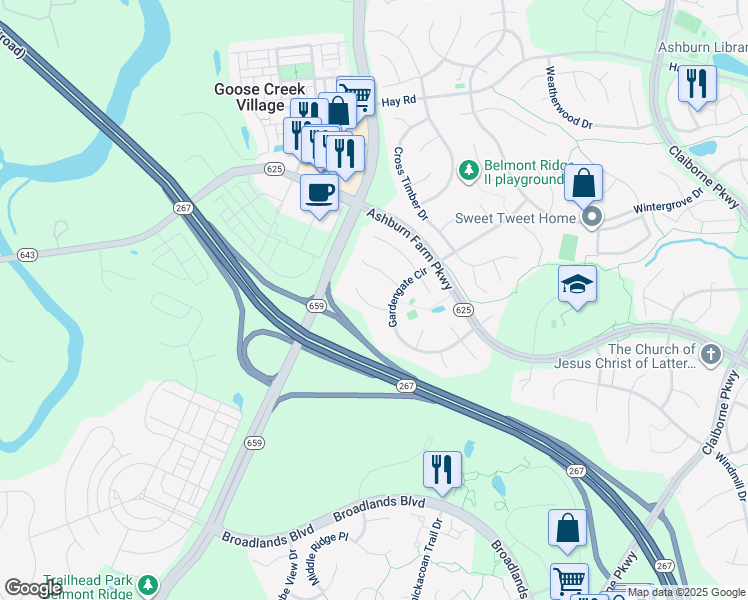 map of restaurants, bars, coffee shops, grocery stores, and more near 42836 Crowfoot Court in Ashburn