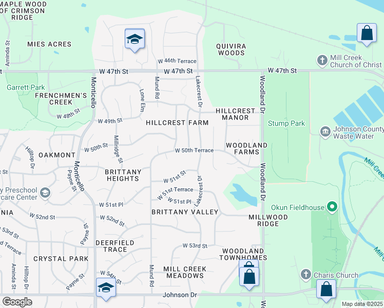map of restaurants, bars, coffee shops, grocery stores, and more near 21217 West 50th Terrace in Shawnee