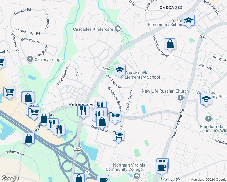 map of restaurants, bars, coffee shops, grocery stores, and more near 20876 Sandstone Square in Sterling