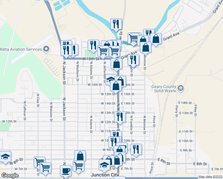 map of restaurants, bars, coffee shops, grocery stores, and more near 1500 North Washington Street in Junction City