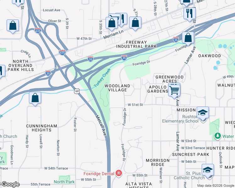 map of restaurants, bars, coffee shops, grocery stores, and more near 5100 Foxridge Drive in Mission