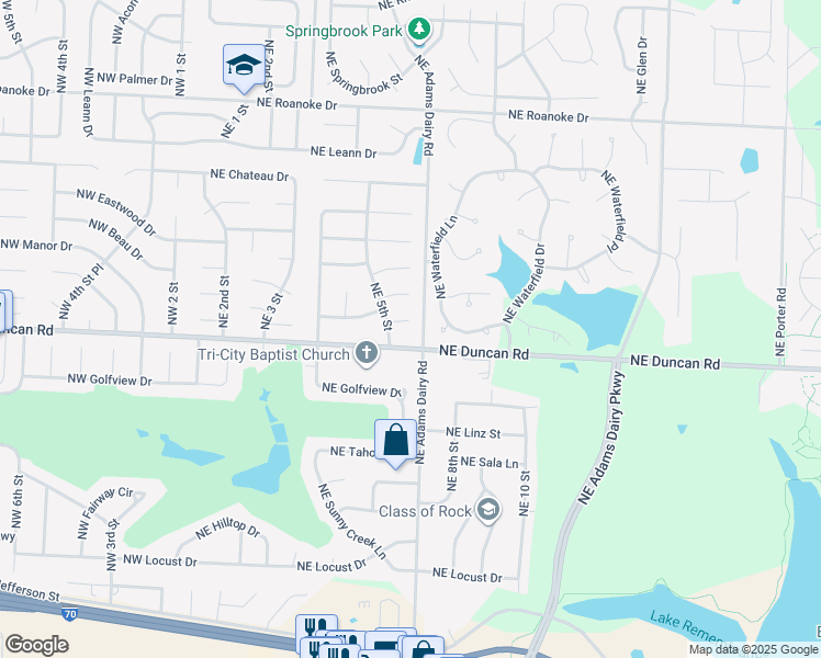 map of restaurants, bars, coffee shops, grocery stores, and more near 501 Northeast Duncan Road in Blue Springs