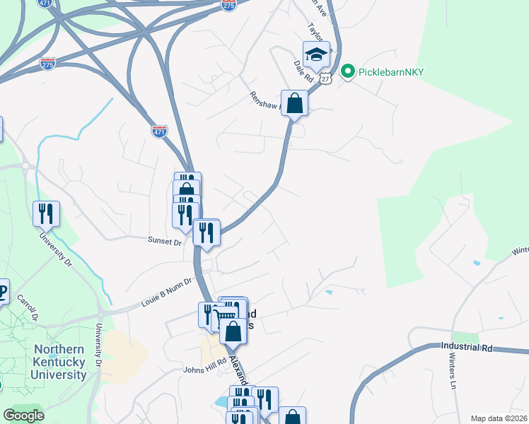 map of restaurants, bars, coffee shops, grocery stores, and more near 6 Chalon Lane in Highland Heights