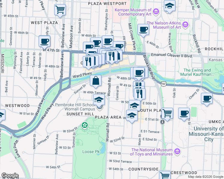 map of restaurants, bars, coffee shops, grocery stores, and more near 4901 Wornall Road in Kansas City