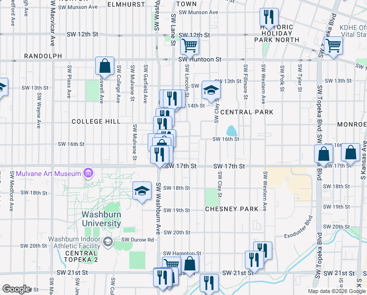 map of restaurants, bars, coffee shops, grocery stores, and more near 1630 Southwest Lincoln Street in Topeka