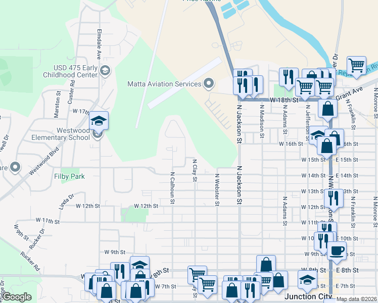 map of restaurants, bars, coffee shops, grocery stores, and more near 1607 14th Street Place in Junction City