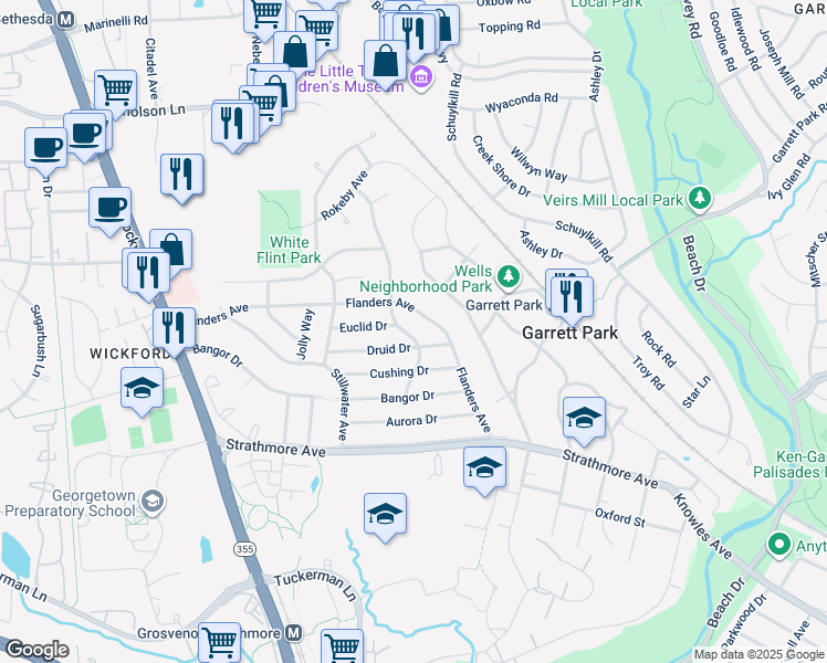 map of restaurants, bars, coffee shops, grocery stores, and more near 11105 Waycross Way in Kensington