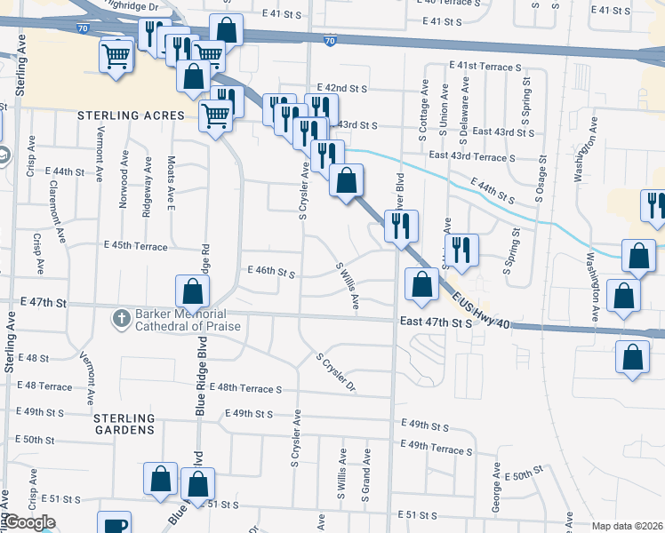 map of restaurants, bars, coffee shops, grocery stores, and more near 12302 East 46th Terrace South in Independence