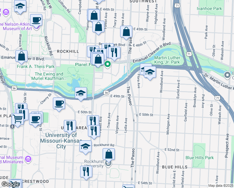 map of restaurants, bars, coffee shops, grocery stores, and more near 1308 East 49th Terrace in Kansas City