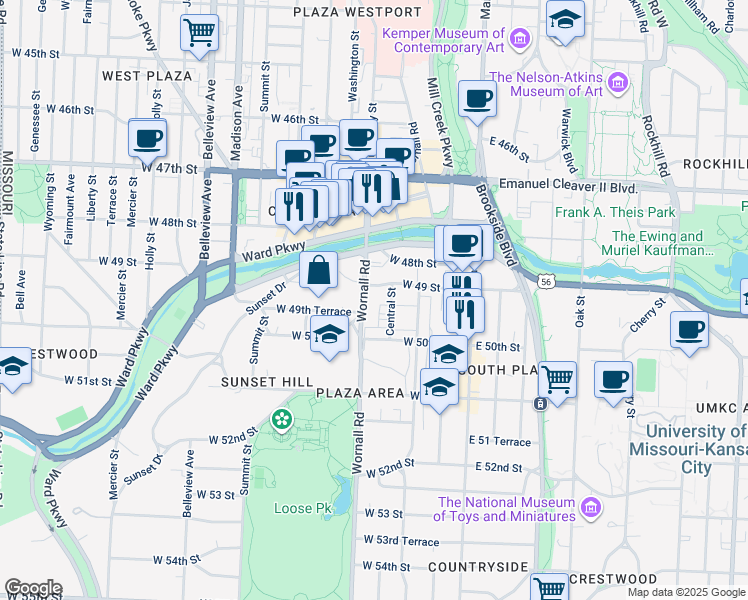 map of restaurants, bars, coffee shops, grocery stores, and more near 4950 Central Street in Kansas City