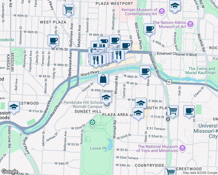 map of restaurants, bars, coffee shops, grocery stores, and more near in Kansas City