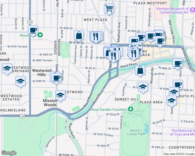 map of restaurants, bars, coffee shops, grocery stores, and more near 1202 Ward Parkway in Kansas City