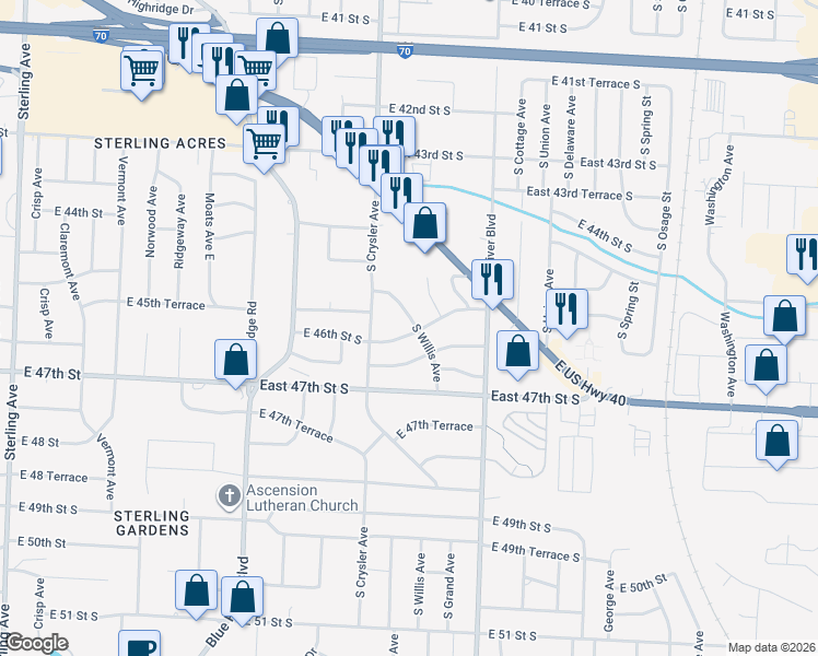 map of restaurants, bars, coffee shops, grocery stores, and more near 12302 East 46th Terrace South in Independence