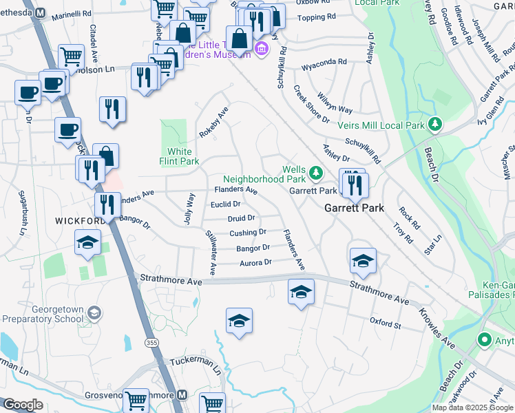 map of restaurants, bars, coffee shops, grocery stores, and more near 11105 Waycross Way in Kensington
