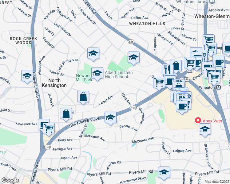 map of restaurants, bars, coffee shops, grocery stores, and more near 3205 Geiger Avenue in Kensington