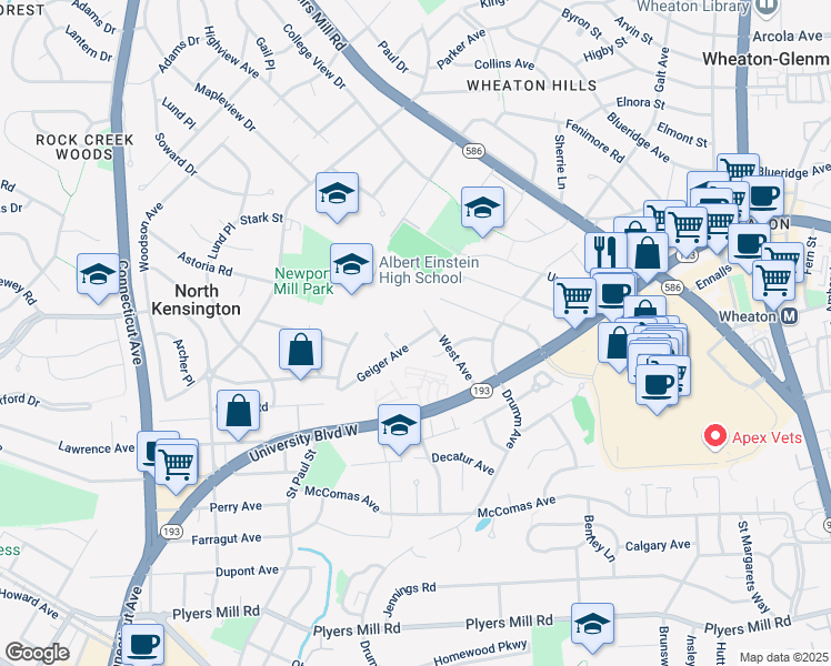 map of restaurants, bars, coffee shops, grocery stores, and more near 3205 Geiger Avenue in Kensington