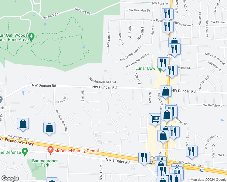 map of restaurants, bars, coffee shops, grocery stores, and more near 1117 Northwest Weatherstone Drive in Blue Springs