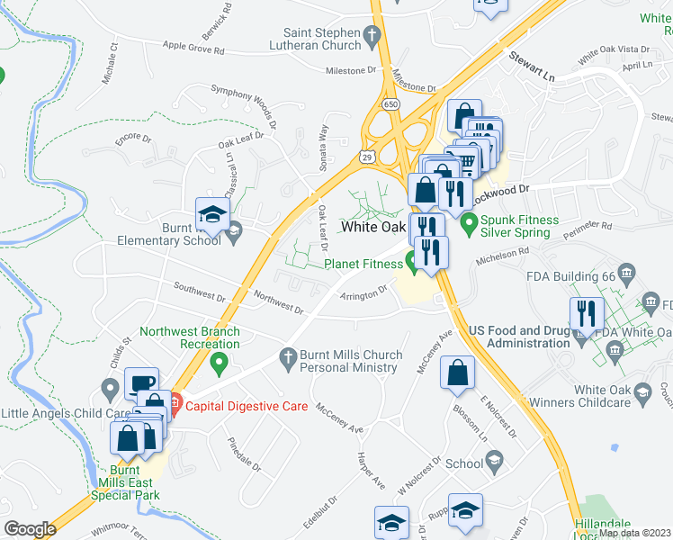 map of restaurants, bars, coffee shops, grocery stores, and more near Oak Leaf Drive in Silver Spring