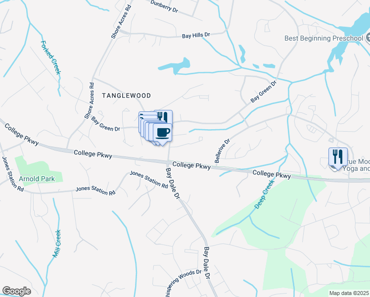 map of restaurants, bars, coffee shops, grocery stores, and more near 519 Bay Dale Court in Arnold